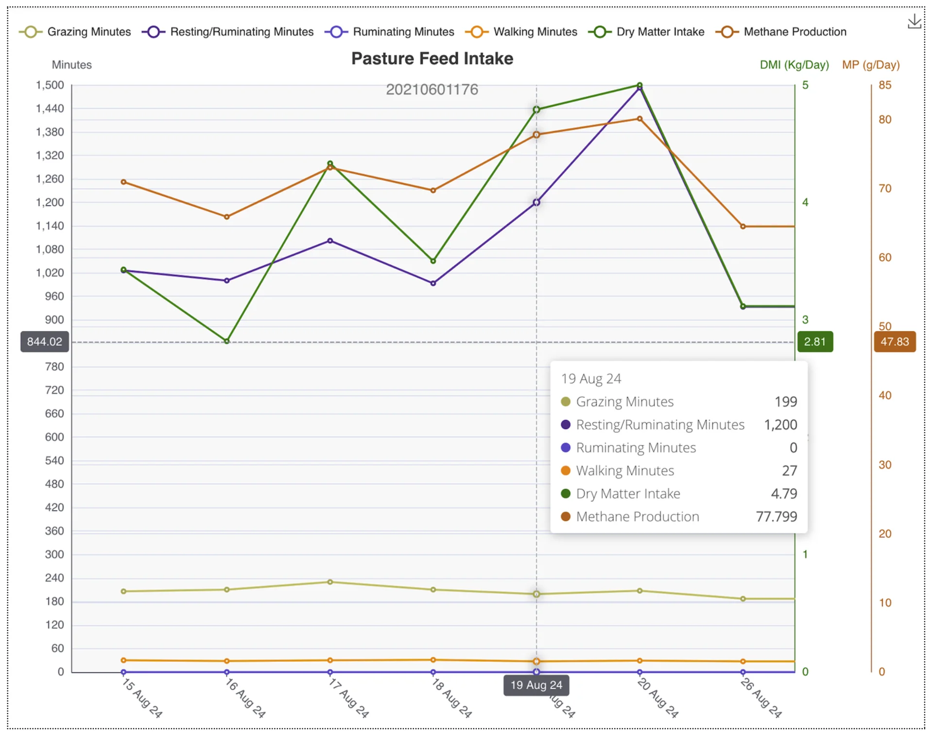 DazTag chart tracking grazing, ruminating and walking minutes with dry matter intake over time